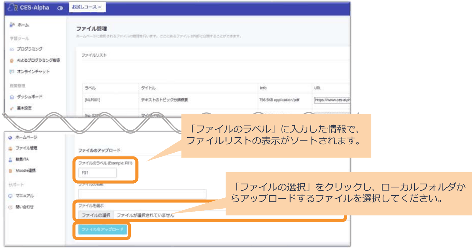 ファイルのアップロード欄